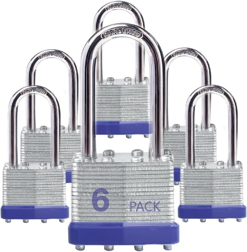 Lock Outdoor Padlocks, Key Lock, Padlocks with Same Key - Laminated Steel Keyed Padlocks with Long Shackle, 6 Pack, for Hasp Latch, Sheds, Fences, Storage Locker, School, Gym