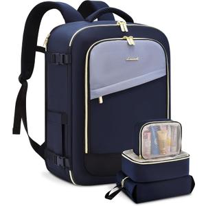 LOVEVOOK Travel Backpack For Women, 40L Carry On Backpack Flight Approved, Large Personal Item Bag Fits 17 Inch Laptop, TSA Approved Luggage With 3 Packing Cubes,Waterproof Weekender Gym Essentials (Dark Blue-Beige-Black)