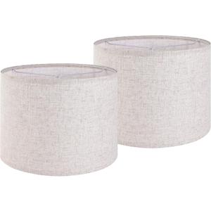 Set of 2 Drum Lampshades for Table, Floor & Bedside Lamps - 13 * 13 * 10 inch, Medium Beige Gray Shades - Natural Fabric Spider Fitter - Modern & Rustic Interiors - By GO&SO Assembly Required