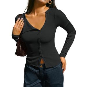 Fisoew Womens Long Sleeve Crop Tops Casual Button Down Shirts Slim Fit Y2k Going Out Ribbed Knit Shirts (Black)