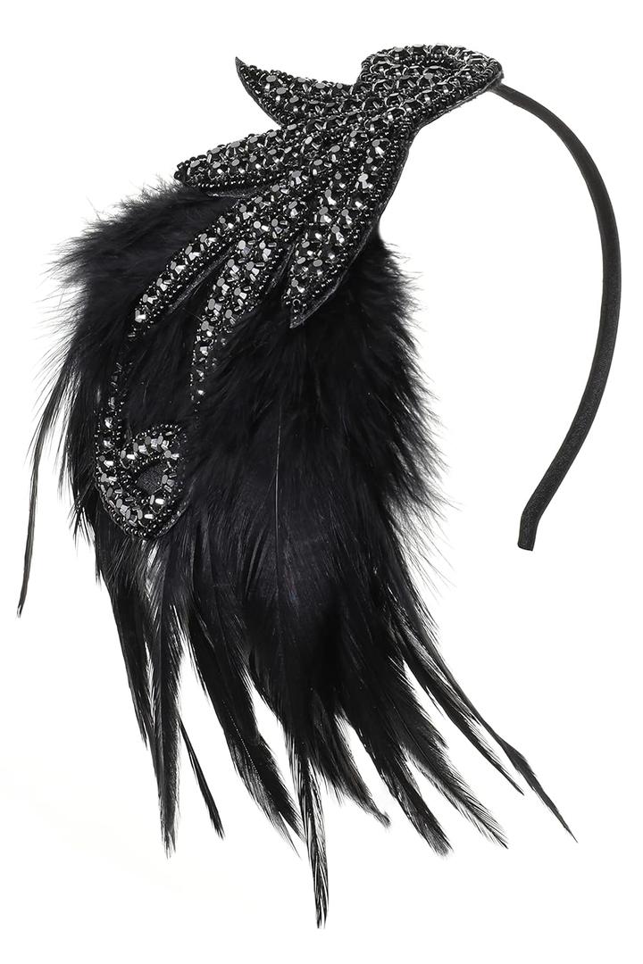BABEYOND 1920s Flapper Headband Accessories Roaring 20s Feather Hair Band Vintage Gatsby Party Accessories (Black)