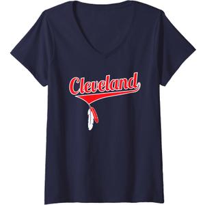 Womens Vintage Cleveland Baseball with Hanging Feathers V-Neck T-Shirt, Small