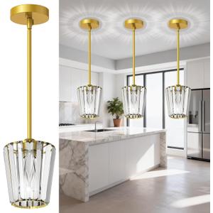 3 Pack Crystal Pendant Lights Kitchen Island - Modern Gold Pendant Light Mini Adjustable Hanging Pendant Lights for Kitchen Island Dining Room Foyer Hallway