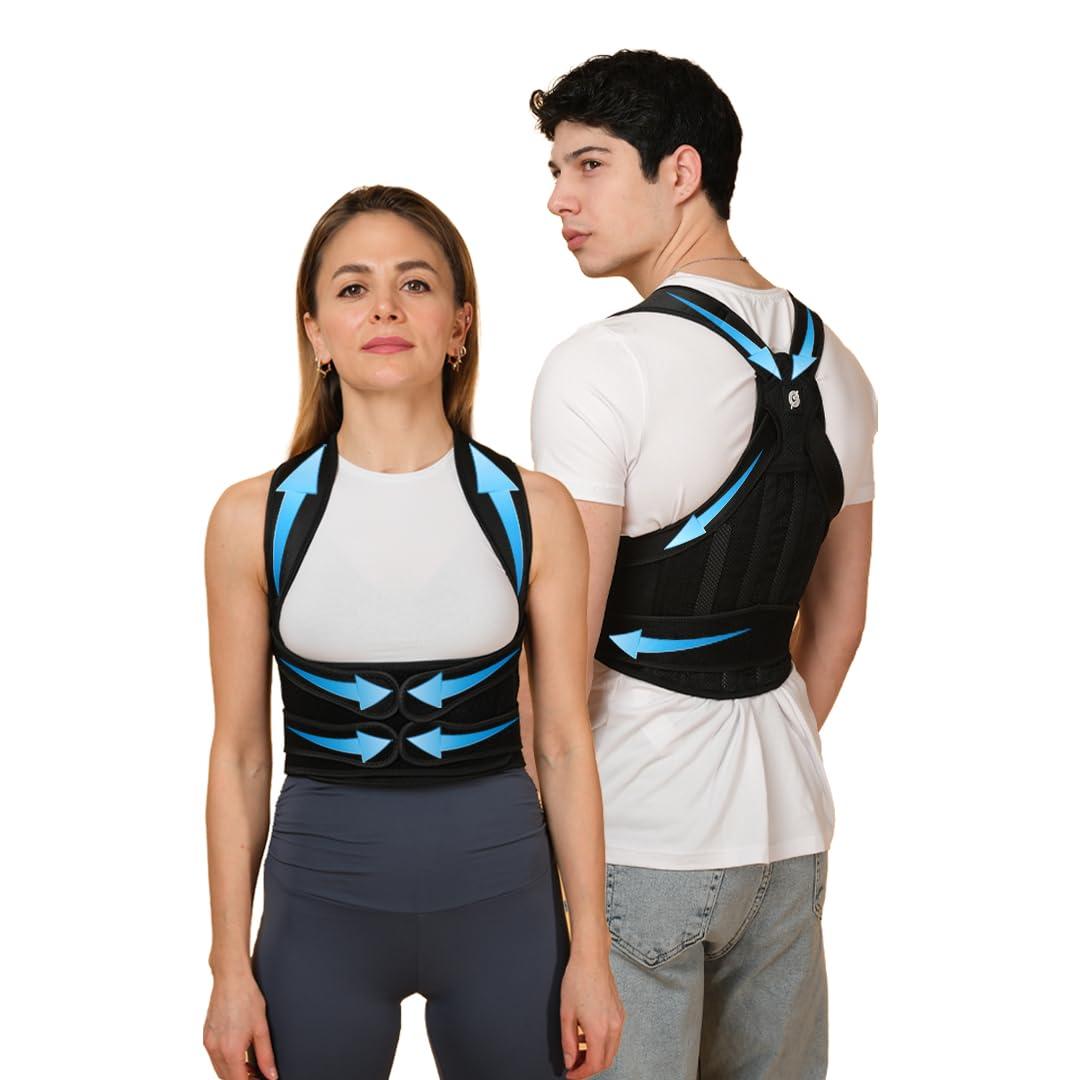 Back Brace Posture Corrector for Men & Women - Adjustable, Breathable, Improves Posture, Reduces Neck & Back Pain - Lightweight Unisex Design for Office and Home Use (Black, Large) (Black, L)