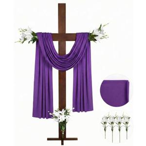 Novabright 71 Inch Extra Large Easter Wooden Cross Outdoor He Is Risen Standing Crucifix 6 ft Religious Yard Decor Set with Purple Fabric, Lily Flower, Base for Garden Church Christian Catholic Party