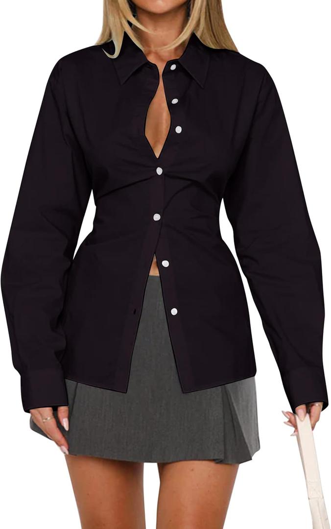 MISSACTIVER Women's Lapel Collar Button Down Shirt Cinch Waist Long Sleeve Casual Work Dressy Tunics Blouse Corset Tops, M