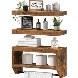 QEEIG Bathroom Floating Shelves for Wall - Shelf Over Toilet Paper Storage Farmhouse 16 inch Set of 3, Rustic Brown (028-40BN3) (15.7")