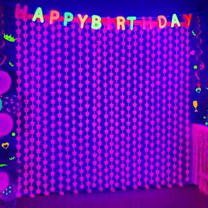 Mega-L Glow in The Dark Party Supplies, 2 Pack Neon Star Party Decorations 3.3 x 6.6 ft Fluorescent Fuchsia Tinsel Foil Fringe Curtains, Photo Booth Prop Backdrop Streamer, Birthday Party Decor