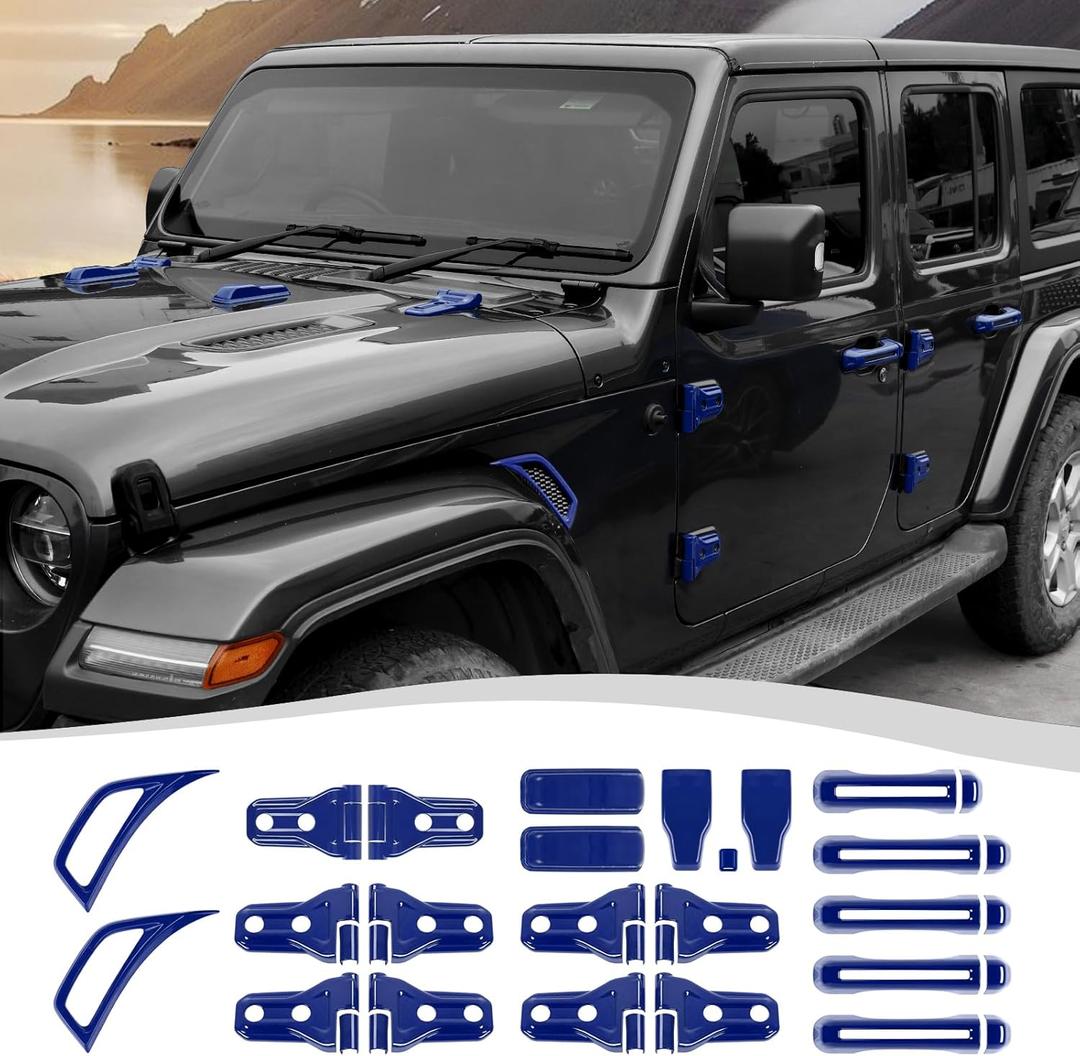 22PCS Full Set Exterior Decoration Trim Kit Fit for 2018-2026 Jeep Wrangler JL JLU 2/4 Doors, Door Hood Engine Hinge Covers Door Handle Side Vent Tailgate Window Hinge Cover (Blue)