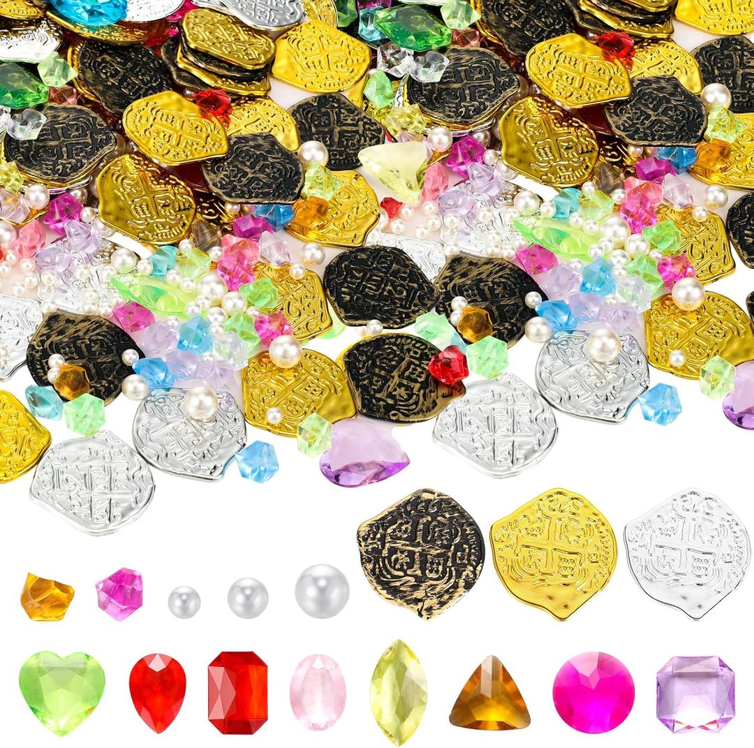 Hanaive 319 Pcs Pirate Treasure Gold Fake Coins Plastic Gems and Jewels Playset Party Decor Treasure for Pirates Themed Adventures Summer Pool Party Coins(Irregular)