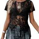SOLY HUX Women's Sheer Fringe Tops Short Sleeve Floral Lace See Through Vintage T Shirts Vacation Outfit Size XL