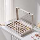 48 Grid Earring Organizer and Storage: Velvet Jewelry Tray with Lid, Jewelry Box for Studs, Earrings, Rings, Necklaces, Dresser & Vanity, Earrings Case for Girls, Women, 13"x8.6"x2.4", Beige