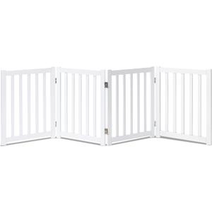 LZRS Wooden Free Standing Dog Gate 80" W x 24" H, Foldable Solid Hardwood Pet Safety Fence for House Doorways, Stairs, Hallways, Step-Over Pet Barrier, No Drill Easy Setup, White