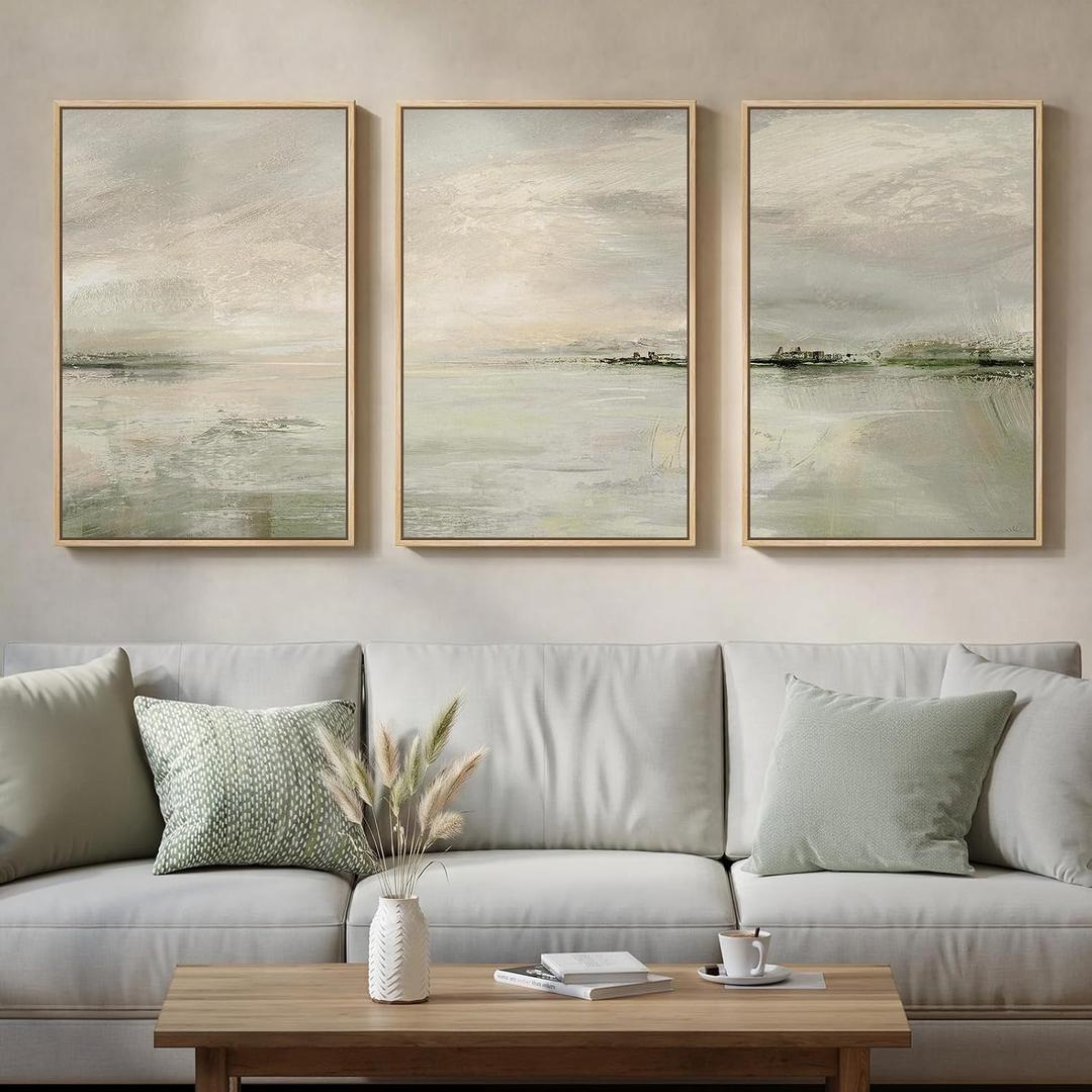 Large Framed Sage Green Abstract Landscape Wall Art, 3 Piece Modern Canvas Prints Paintings Artwork for Walls, Minimalist Nature Pictures for Living Room Dining Room Hallway Wall Decor, 20x30 In, 20" W X 30" H X 3pcs
