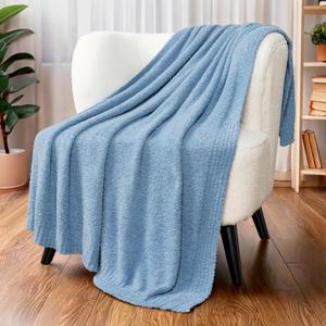 PAVILIA Super Soft Throw Blanket for Couch, Fluffy Cozy Lightweight Light Blue Blanket, Fuzzy Warm Knit Blanket for Bed Sofa, Slate Blue, 50x60