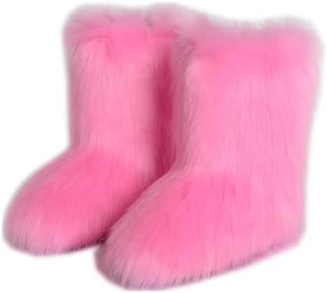 QMFUR Women's Furry Faux Fur Boots Fuzzy Fluffy Mid Calf Snow Boots Suede Warm Fur Lined Booties Flat Fashion Boots Size 41