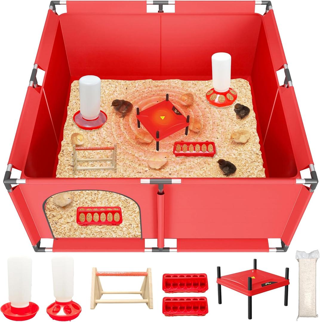 All-in-One Chicken Brooder Box for Chicks Starter Kit with Heater, Perch, Sawdust, Feeder & Waterer, Large Reinforced Stainless Steel Frame Poultry Brooder for Up to 30 Baby Chicks, Ducks & Quail (Heatingplate)