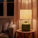 Ceramic Table Lamp, 17.75" Natural Bedside Lamp with Beige Linen Shade, Warm Ambient Nightstand Lighting for Bedroom, Oliver Green