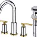 Bathroom Faucet Chrome and Gold 2-Handle 8-Inch Widespread Bathroom Sink Faucet with Metal Drain, 3-Hole Faucet for Bathroom Vanity, Polished Chrome/Polished Brass