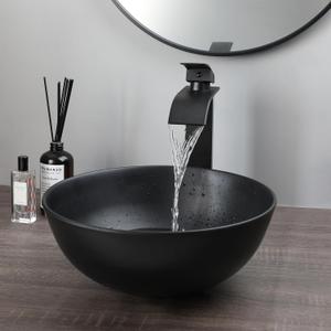 13" Round Stone Resin Vessel Sink with Pop-Up Drain Combo Black Bathroom Sink Above Counter, Art Basin Vanity Sink for Small Bathroom, 12.8"Dx 12.8"W x 5.8"H