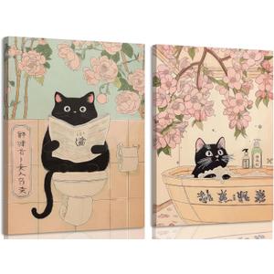 Framed Japanese Bathroom Wall Art Set of 2, Funny Black Cat in Bathtub and Toilet Pictures Wall Decor Paintings, Vintage Cute Animal Canvas Prints Home Decor for Restroom Spa Room 12x16 inch