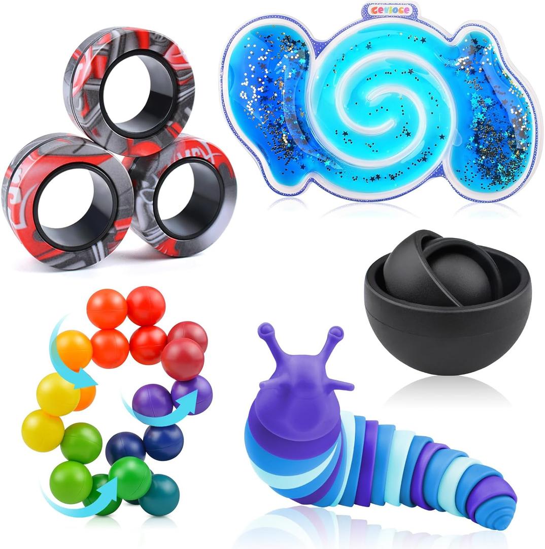 Cevioce 5Pcs Fidget Toys Adults Pack,Easter Basket Stuffers for Teens Boys Girls,Autism Sensory Toys with Fidget Spinner Slug Magnetic Rings,Squishy Fidget Toys ADHD Stress Relief