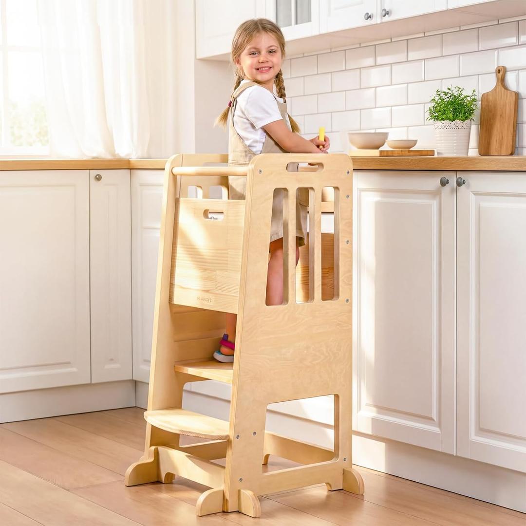 WINGYZ Toddler Tower - Anti-Tip Natural Wood Learning Stool Helper for Kids 18M-6Y, 150lb Capacity Kitchen Stool with 3-Height Adjustable Platform and Sliding Door Access, 20lb Portable Design, Wood