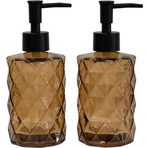 Brown Glass Soap Dispenser with Black Plastic Pump, 12oz Refillable Liquid Hand Soap Dispenser, 2 Pack Crystal Lotion Bottle for Modern Home Decor, Bathroom, Kitchen Countertop, Hotel (Brown)