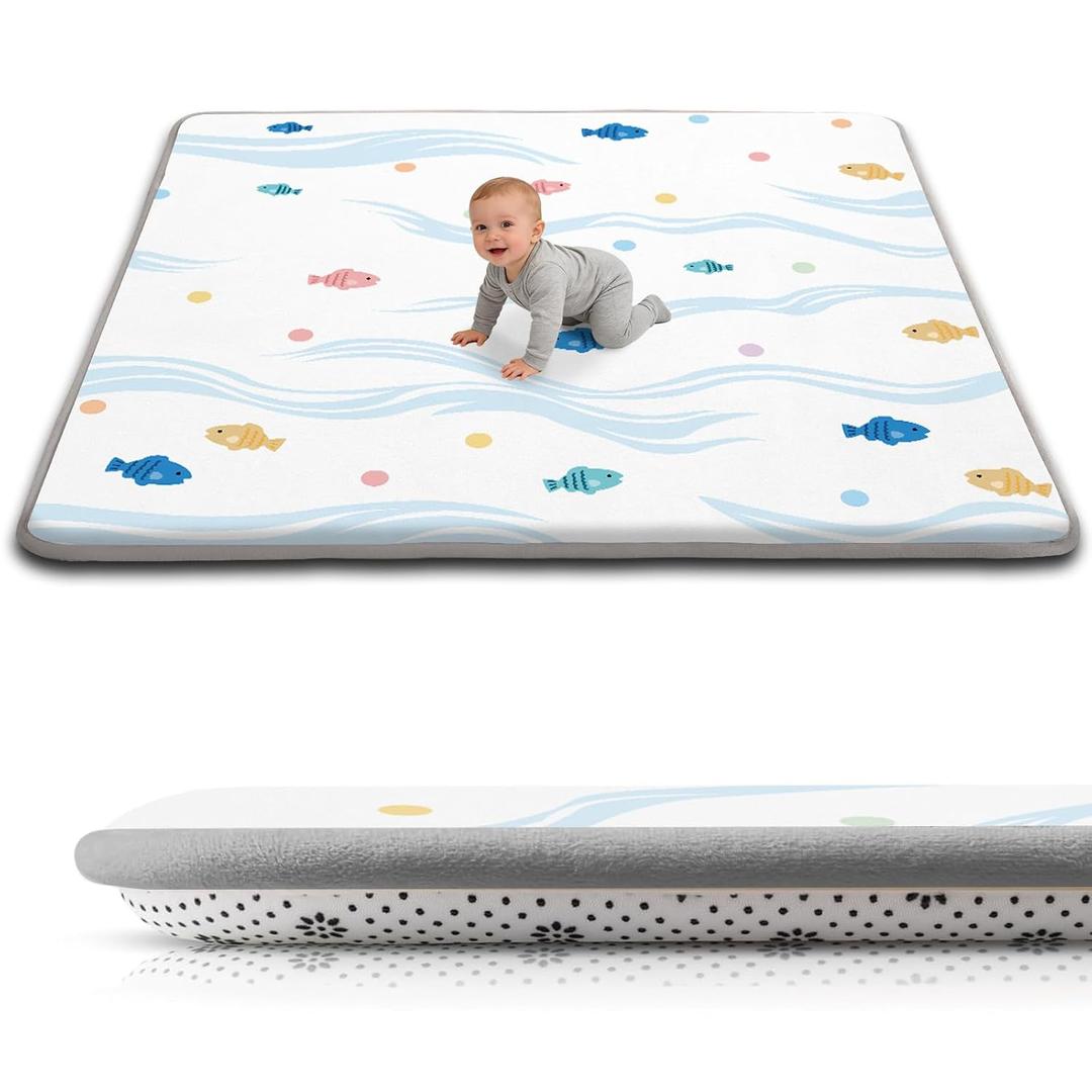 Baby Play Mat for Floor, 1.3-Inch Thickened Foam Soft Padded Coral Velvet Playmat for Tummy Time, 50x50 Water-Repellent Non-Slip Playpen Mat for Toddlers Infant Kids, Cute Little Fish Print