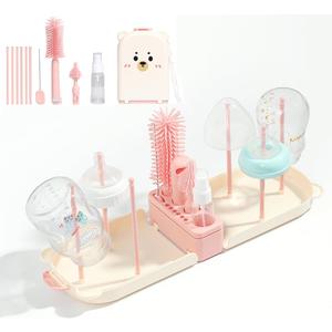 6 In1 Baby Bottle Brush Kit,Portable Silicone Bottle Brush Cleaner Set with Straw Brush,Nipple Brush,Drying Rack,Soap Dispenser,Storage Bag for Travel or Home,Compact&Space-Saving(Pink)