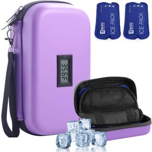 Insulin Cooler Travel Case TSA Approved Refrigerated Medicine Cooler for Travel w/Thermometer Temperature Diabetic Case w/2 Reusable Ice Packs for Daily Life Trip (Purple)