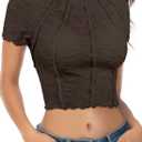 Women's Short Sleeves Y2K Mock Neck Crop Top Lace Mesh Solid Color Knit Textured Casual T-Shirt (Brown, XS)