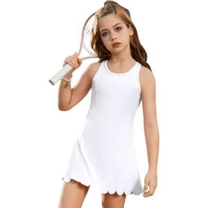 Girls Tennis Dress Sleeveless Pickleball Athletic Dress Golf Outfit with Detachable Built-in Bra & Shorts Pockets (10-11 Years, White)