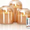 Homemory Glass Flameless Candles, Battery Operated Plliar Candles Realistic Flickering, LED Electric Light with Remote and Timer for Home, Christmas Decoration, Gold, Set of 3