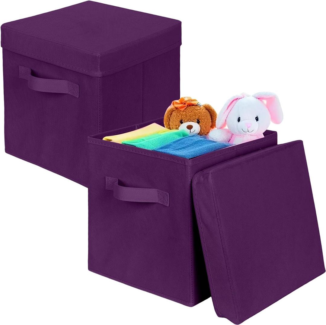 ShellKingdom Storage Bins, Foldable Fabric Storage Cubes with Lid, Clothes Storage Organizer Drawer For Closet Toys Storage, 10.5 X 10.5 X 11 INCH, 2 Pack (Purple)