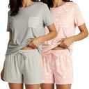 Real Essentials 2 Pack: Women’s Short Sleeve Pajama Short Set - Comfy Lightweight Soft Lounge Sleepwear (Size S)