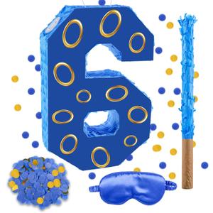 16 Inch Number 6 Double Sided Printing Blue Gold Ring Pinata with 16 Inch Piata Stick Blindfold Confetti for Boy Girl Kids 6th Birthday Party Decorations (6th)