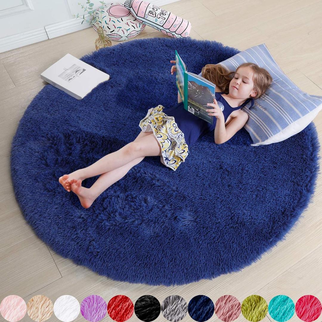 Navy Blue Round Rugs 5Ft for Boys Bedroom, Fluffy Circle Area Rug for Kids, Living Room Decor Aesthetic, Shag Fur Throw Royal Dark Blue Carpet for Baby Nursery, Shaggy Thick Fuzzy Floor Carpets
