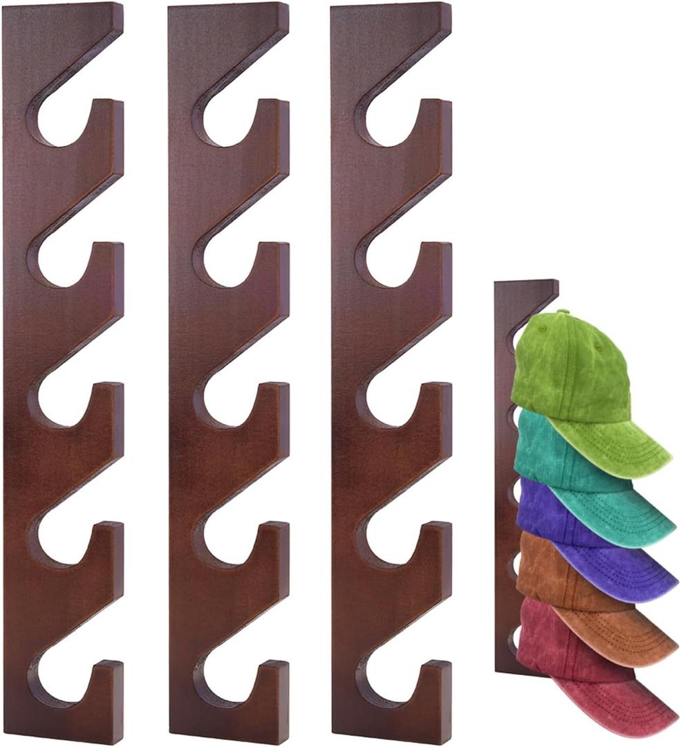 3 Pcs Hat Rack for Baseball Caps, Wall Mounted Wooden Hat Storage Organizer Hanger, Wall Vertical Hat Holder Caps Display Rack for Closet Door Bedroom Living Room Entryroom Laundry (Walnut)