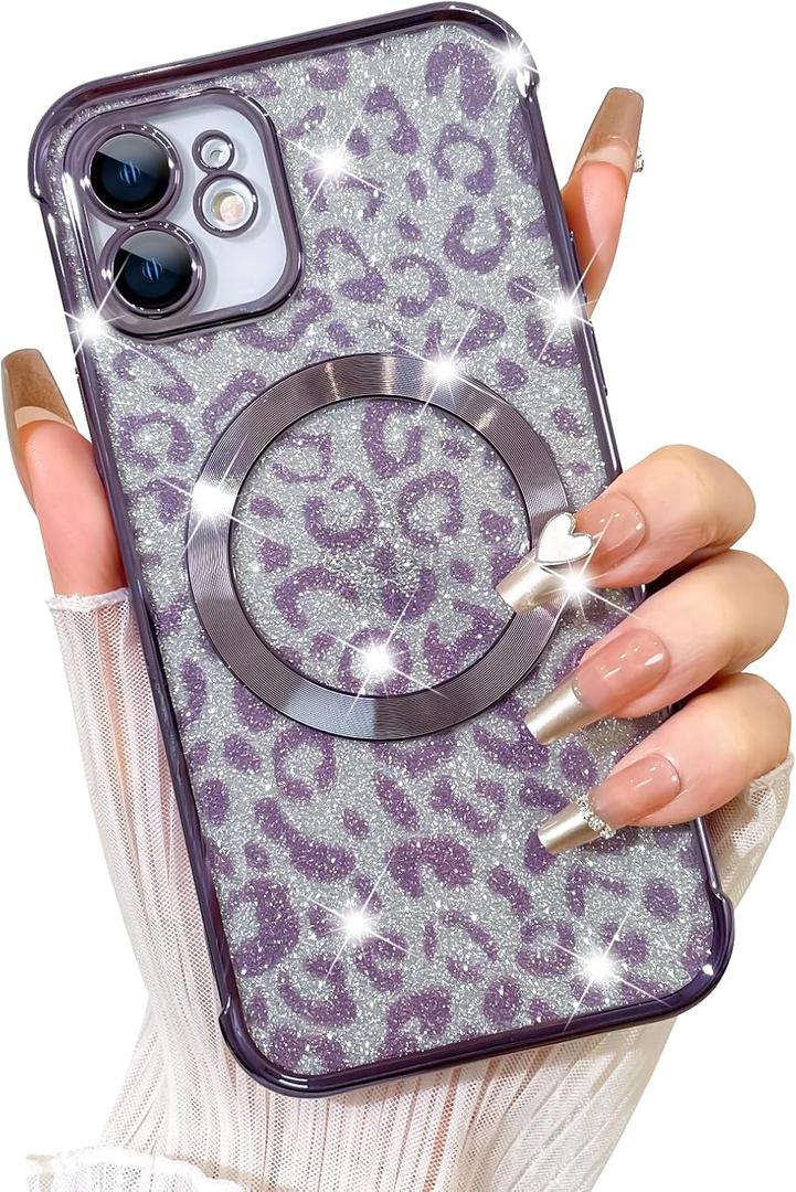 Fiyart Designed for iPhone 12 Case,Compatible with MagSafe Cheetah Print Plating Camera Protection Magnetic Clear Glitter Leopard Print Shockproof Phone Bumper for Women Girls 6.1"-Purple