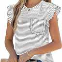 JUSTFASHIONNOW Womens Summer Tops Striped T-Shirts 2025 Ruffle Short Sleeve Crew Neck Casual Blouses with Pocket
 Large