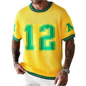 Verdusa Men's Jersey Shirts Short Sleeve Sweater Crew Neck Streetwear Pullover Knit Tops Yellow X-Large (XL)