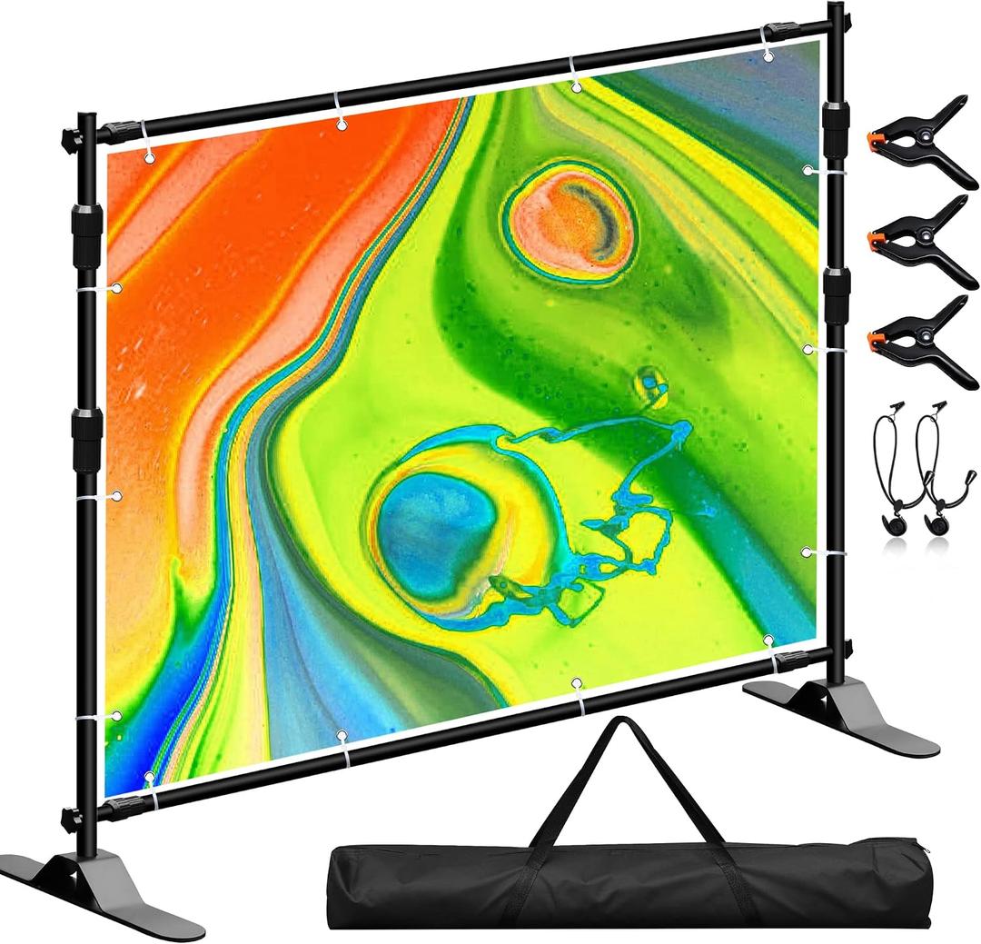 Photo Backdrop Banner Stand Kit, Heavy Duty 10 x 8 FT Adjustable Telescopic Tube Back Drop Display Stand, Step and Repeat Stand for Party Photography Trade Show Booth Background, with Clips