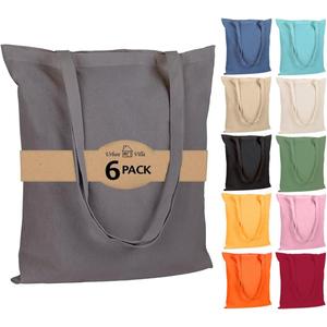 Urban Villa 6 Pack Reusable Grocery Bags 15x16 with 27 long Handle Grey Color 100% Cotton Tote Bags Medium Weight Grocery Shopping Cloth Bags Great Choice for Promotion Gift DIY Advertising