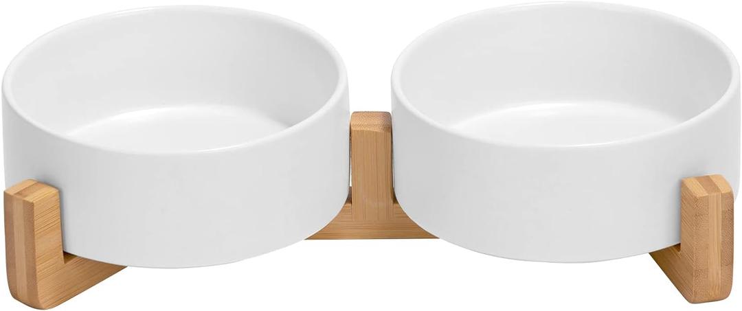 SPUNKYJUNKY Ceramic Dog and Cat Bowl with Wood Stand Non-Slip Matte Glaze Weighted Food Water Set for Cats &Small Dogs 13.5 OZ (1.7 CUPS, White  2)