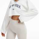 Remidoo Women's Embroidery Graphic Cropped Sweatshirt V Neck Loose Long Sleeve Crop Top (White, XL)