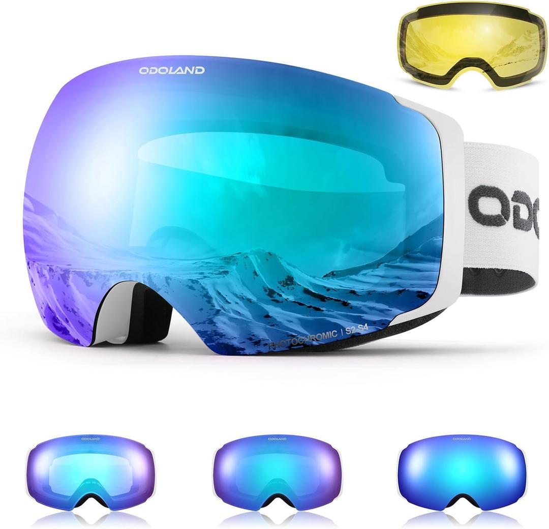 Odoland Photochromic Ski Goggles Interchangeable with 2 Lens, Large Spherical Frameless Snow Snowboard Goggles for Men Women (Blue Lens Vlt 33%-7% White Frame)