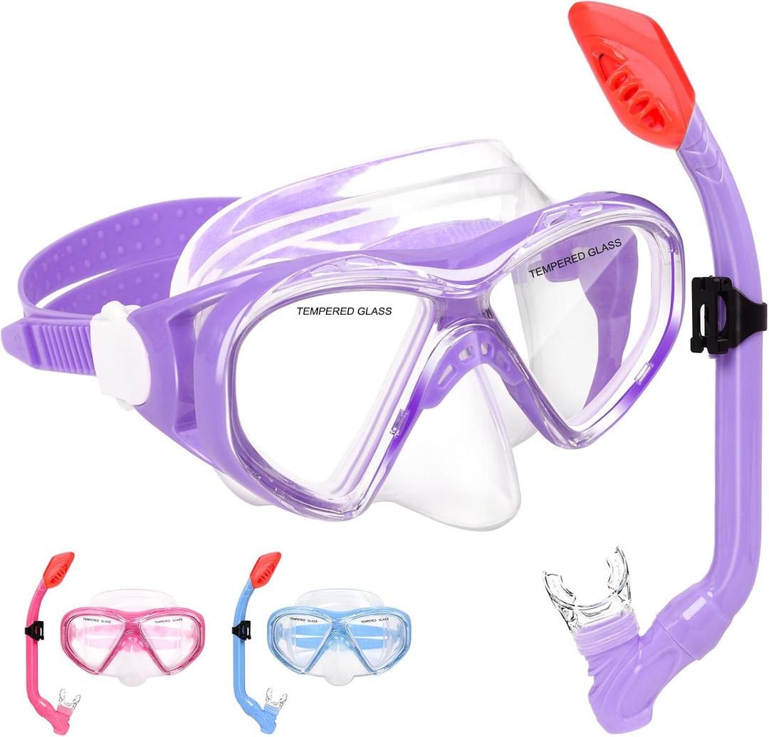 Kids Snorkel Set Dry Top Snorkeling Gear for Kids Youth Boys Girls Junior Age 5-15,Tempered Glass Swimming Diving Mask and Snorkel Set 180 Degree Panoramic View, Light Purple 