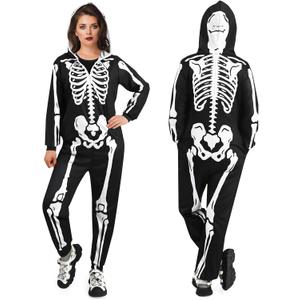 Waipfaru Halloween Skeleton Costume Women-Skeleton Onesie Adult -Front and Back Bone Print with Zip Up Hooded (Medium)