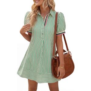 Wenrine Womens Summer Striped Short Sleeve Casual Button Shirt Mini Dresses Small, Green